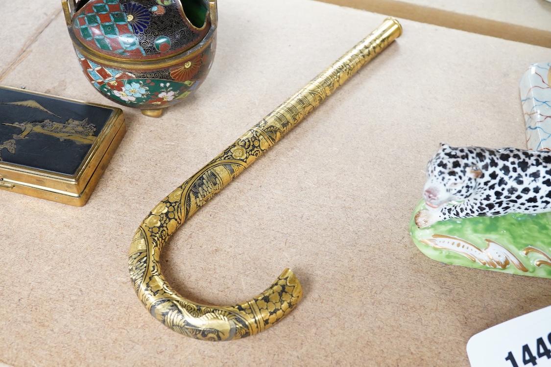 A Japanese damascened iron parasol handle, a cloisonné enamel koro and Komai style mirrored musical compact, largest 24cm in length